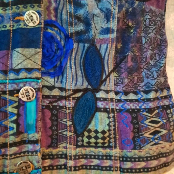 Chico's artsy jean denim jacket mixed media size 1 (s 8/10) - Picture 3 of 7